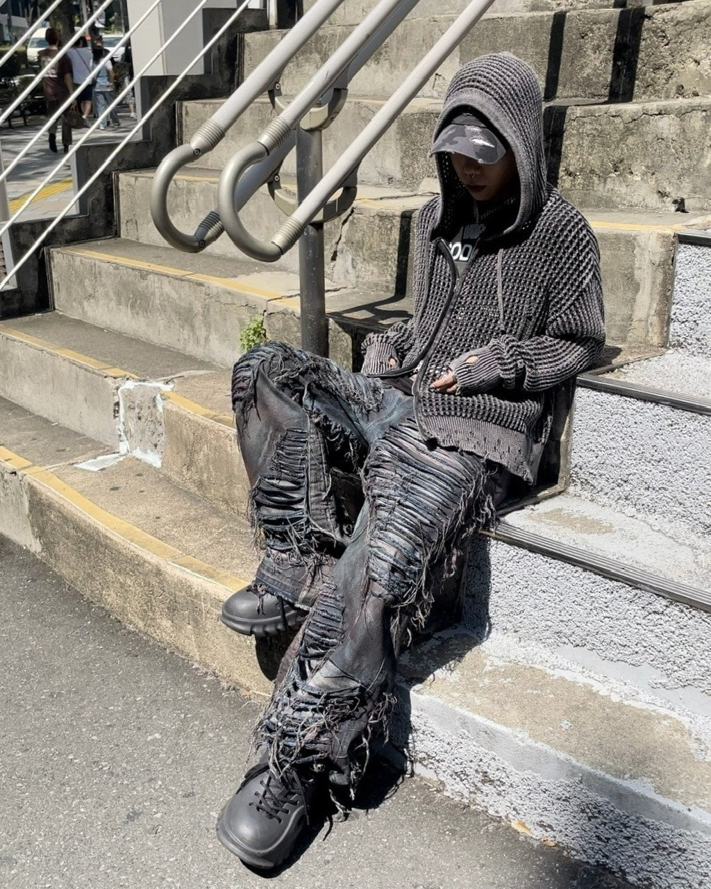 受注制【Never mind the XU】mesh zip damage hoodie (2color) / 【ネバーマインド ザ エックスユー】メッシュダメージジップアップ長袖パーカー