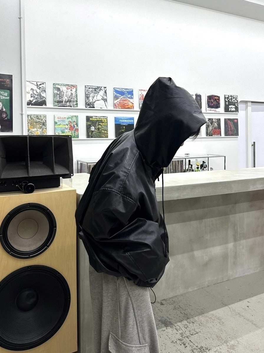 国際配送【LUV CODE】leather hooded jacket