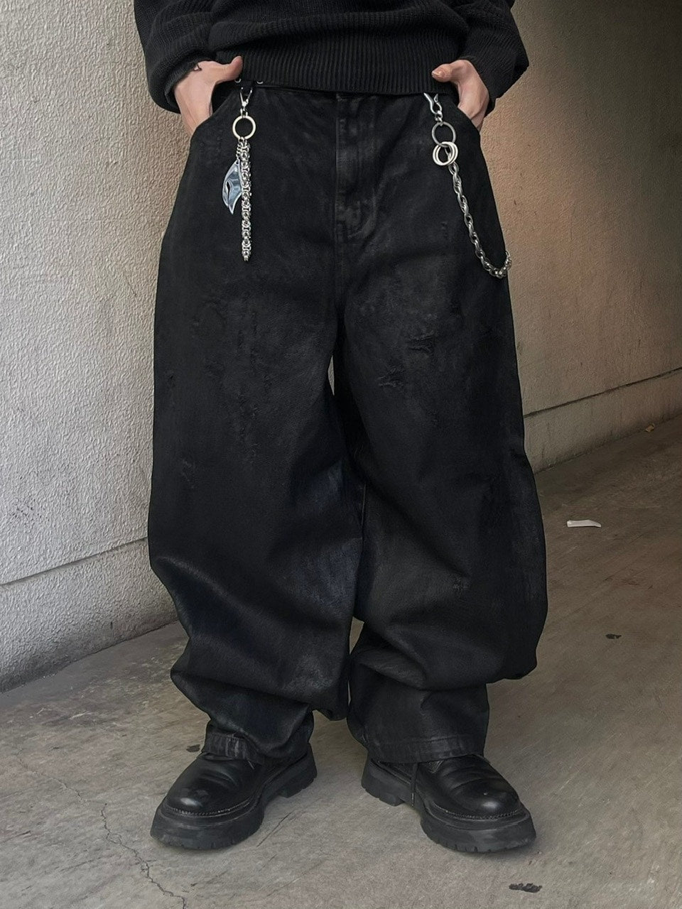 受注制【Chikashitsu +】coating damage wide denim pants / 【チカシツプラス】コーティングダメージワイドデニムパンツ