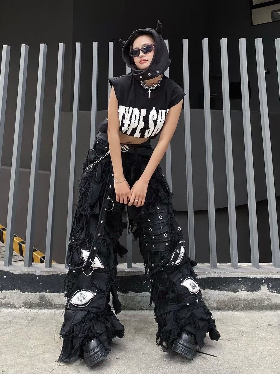 【UNIZ】BLACK MONSTER PANTS / 【ユニズ】ブラックモンスターダメージワイドデニムパンツ