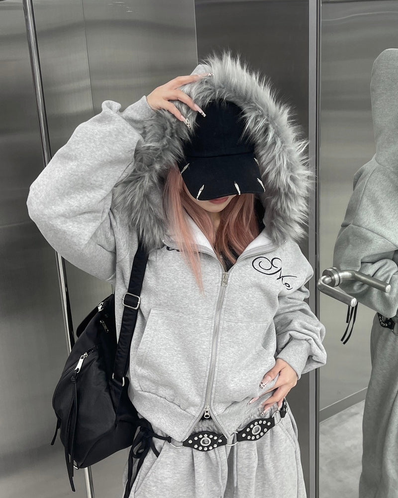 【nmtc +】embroidery fur zip up hoodie (2color)