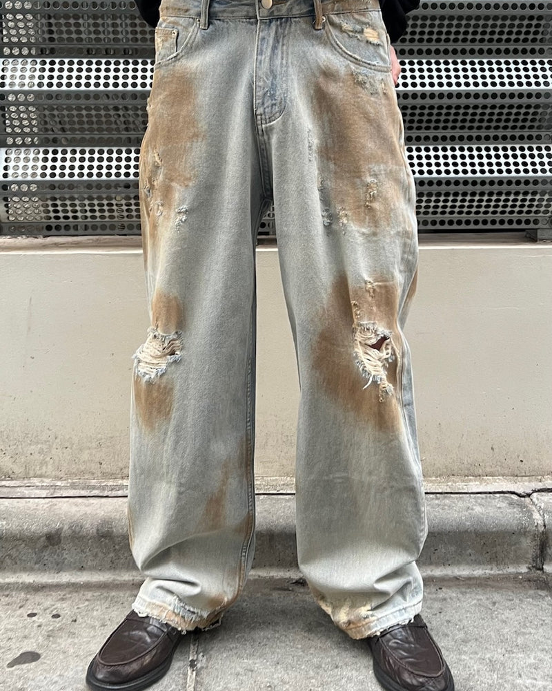 受注制【Chikashitsu +】bloody wash damage denim pants / 【チカシツプラス】ウォッシングダメージデニムパンツ