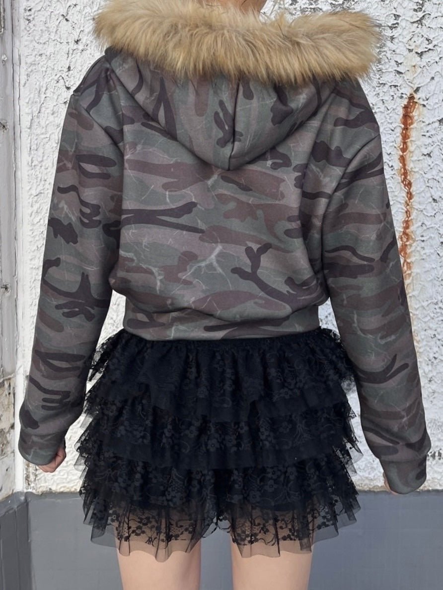 受注制【Never mind the XU】camouflage fur hood zipup /【ネバーマインドエックスユー】カモフラージュファーフードジップアップパーカー