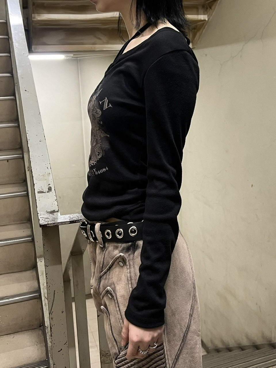 【Never mind the XU】v neck vintage print long sleeve tee (3color) / 【ネバーマインドザエックスユー】Vネックヴィンテージプリント長袖Tシャツ