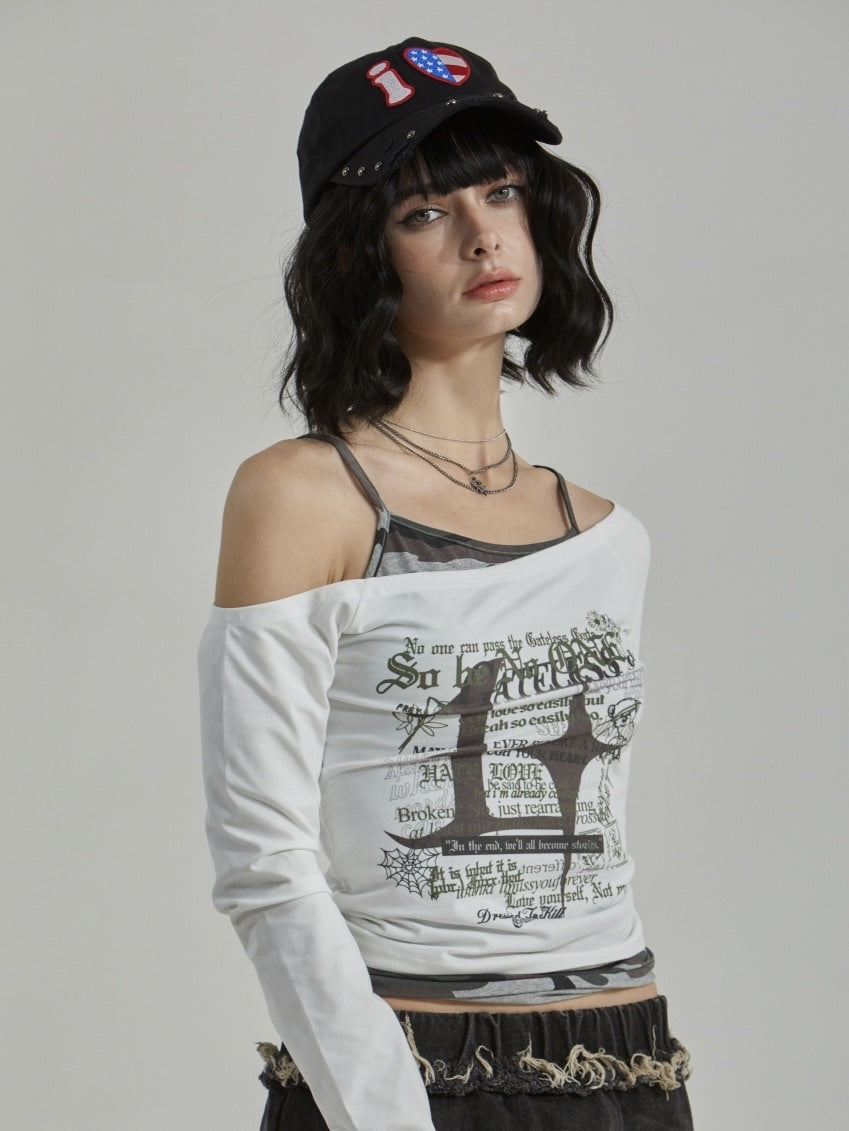 【GATELESS】CAMOUFLAGE LAYERED ONE SHOULDER T-SHIRT