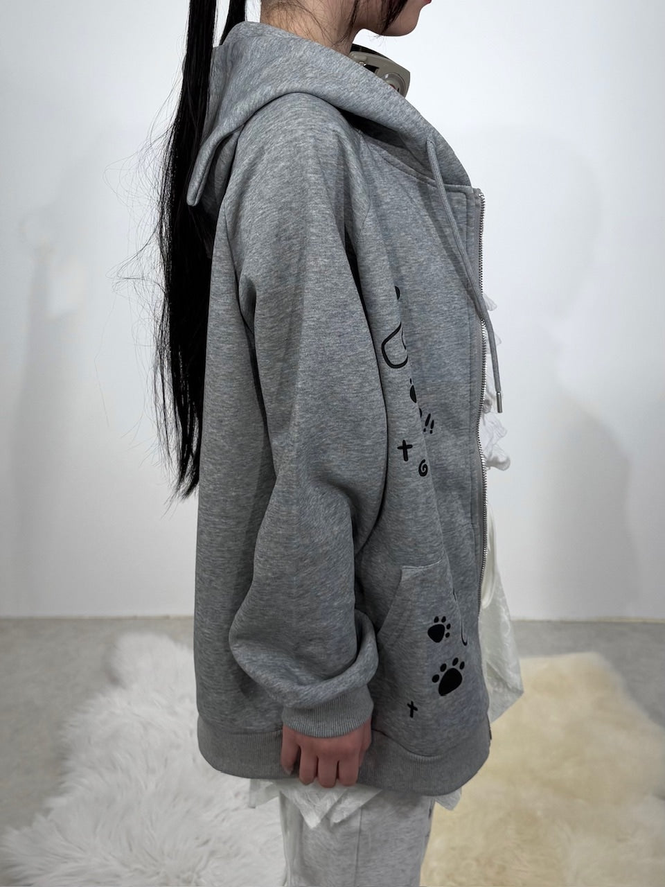 国際配送【Nerd out XU】neko!! Zip hoodie (2color) / 【ナードアウトエックスユー】キャットプリント猫耳ジップフーディ