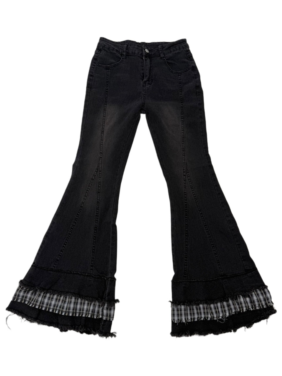 国際配送【Nerd out XU】check frill hem flare denim pants / 【ナードアウトエックスユー】チェックフリルヘムフレアデニムパンツ