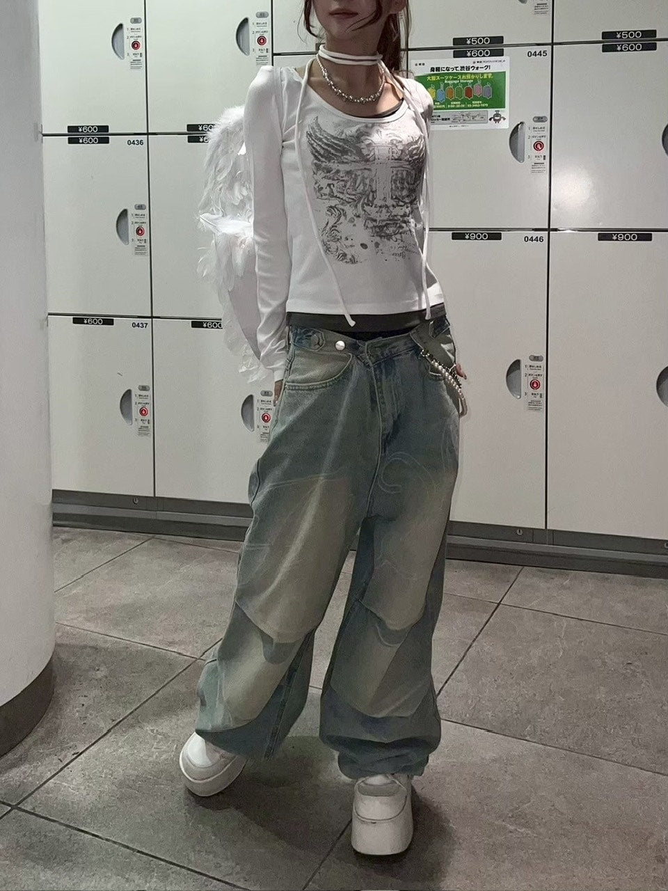 【Never mind the XU】tie set cross wing long sleeve tee (3color) / 【ネバーマインドザエックスユー】ネクタイセットクロスウィングプリント長袖Tシャツ