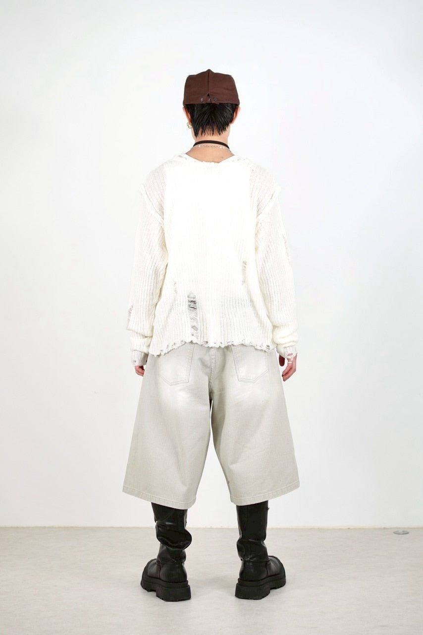 【Chikashitsu +】damage reverse v neck knit (3color) / 【チカシツプラス】リバースVネックダメージニット