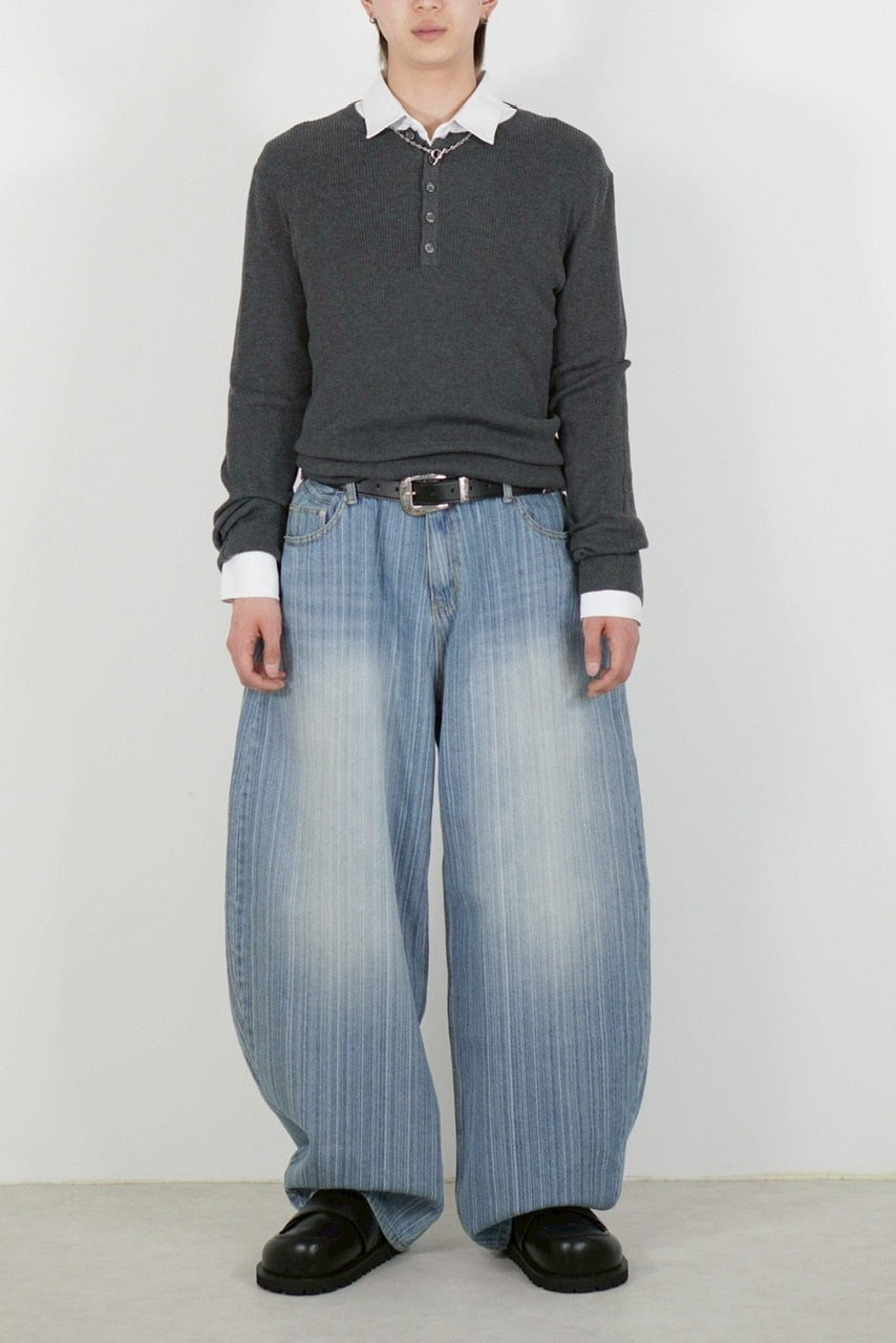 受注制【Chikashitsu +】wide stripe denim pants / 【チカシツプラス】ストライプボーダーワイドデニムパンツ