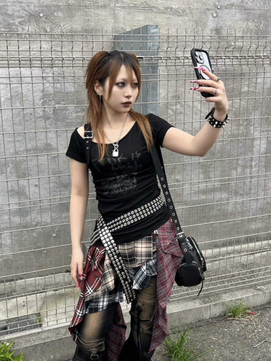 受注制【Never mind the XU】one shoulder punk tops (3color) / 【ネバーマインドザエックスユー】ワンショルダーパンクプリント半袖トップス