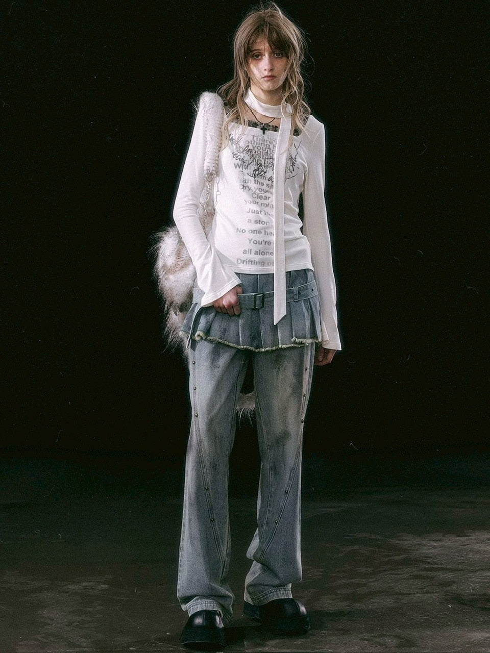 【Cest Nous】Dirty Wash Blue Denim Jeans / 【セヌー】ダーティーウォッシングスカートレイヤードデニムパンツ