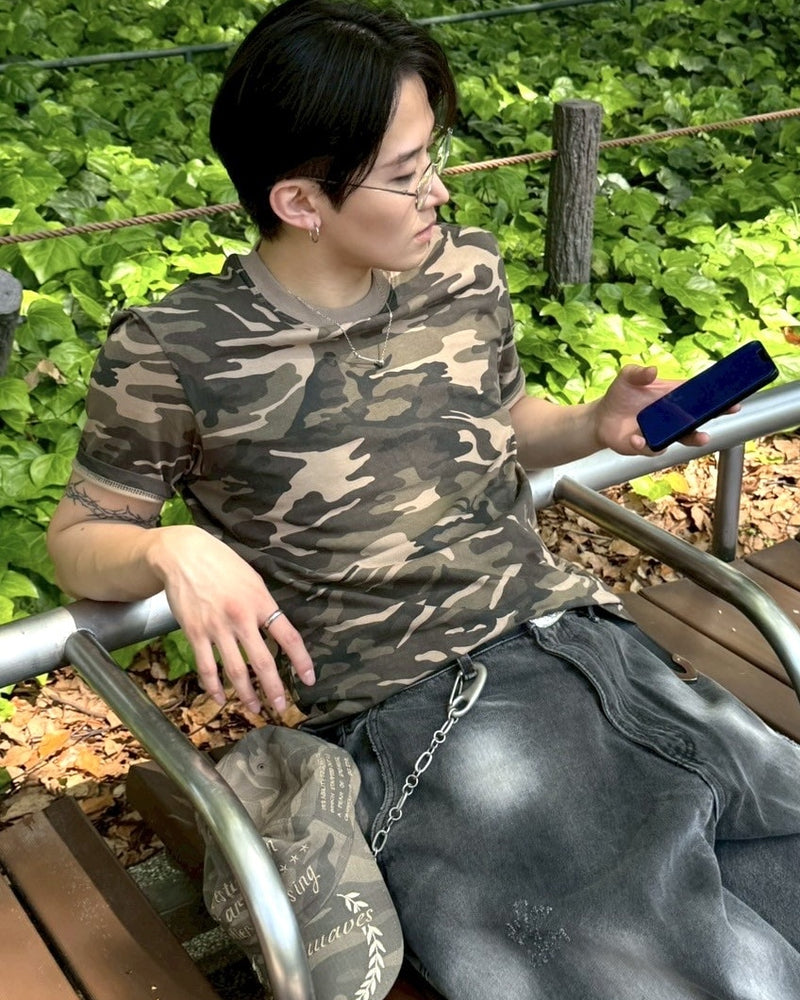 受注制【Chikashitsu +】camouflage round neck t-shirt (2color) / 【チカシツプラス】カモフラージュラウンドネックタイトフィット半袖Tシャツ