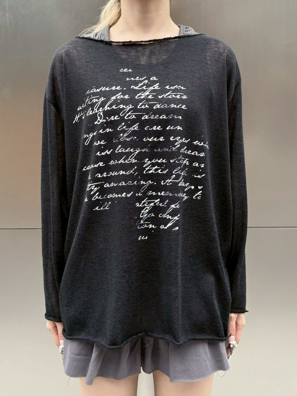 受注制【nmtc +】see through lettering long sleeve (3color) / 【エヌエムティーシープラス】シースルーレタリングプリント長袖Tシャツ