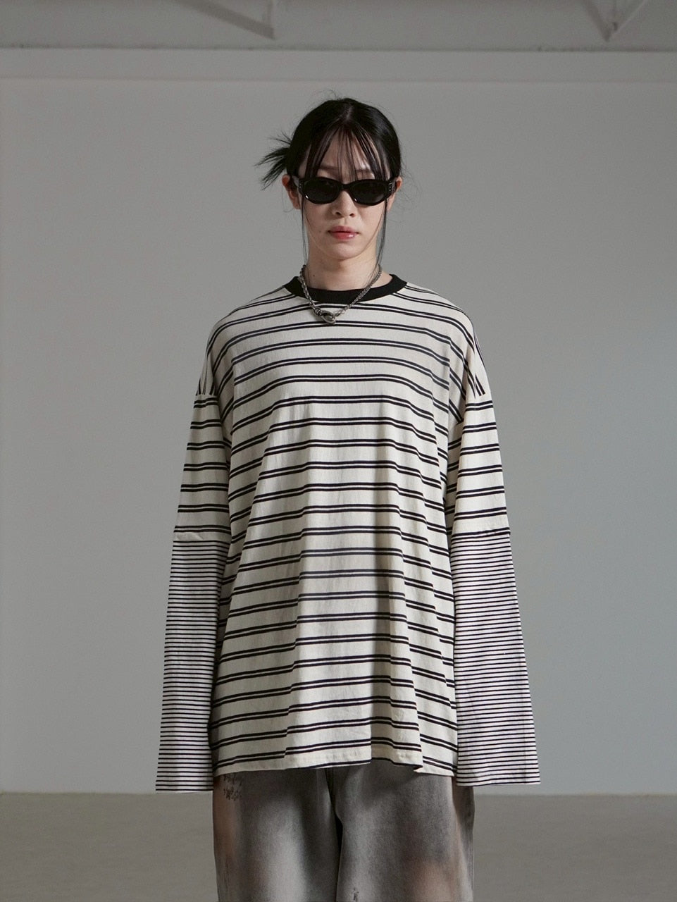 【Chikashitsu +】oversized layered border washed long sleeve / 【チカシツプラス】オーバーサイズウォッシュドレイヤードボーダー長袖Tシャツ(2color)