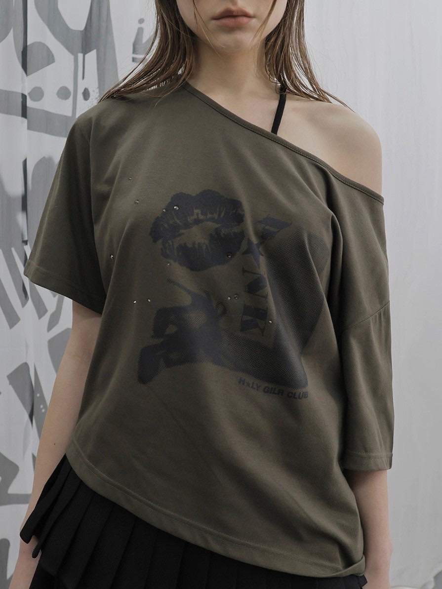 HOLY NUMBER 7】OFF-SHOULDER PUNK GRAPHICS SHORT-SLEEVED T-SHIRT
