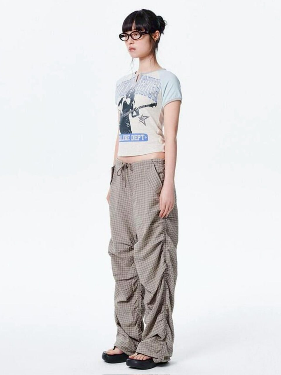 【runningHIGH】CHECK SHIRRING PARACHUTE PANTS