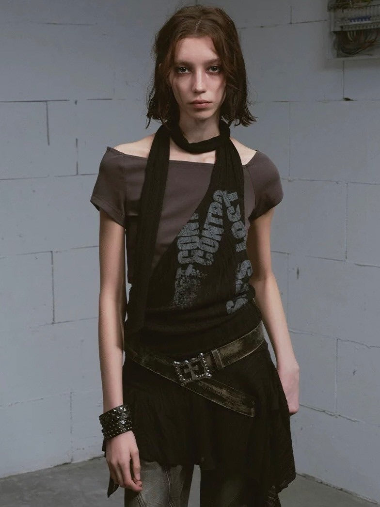 【Cest Nous】Black and Gray Short-sleeved T-shirts / 【セヌー】クロップ半袖Tシャツシアーチュニックレイヤードトップス