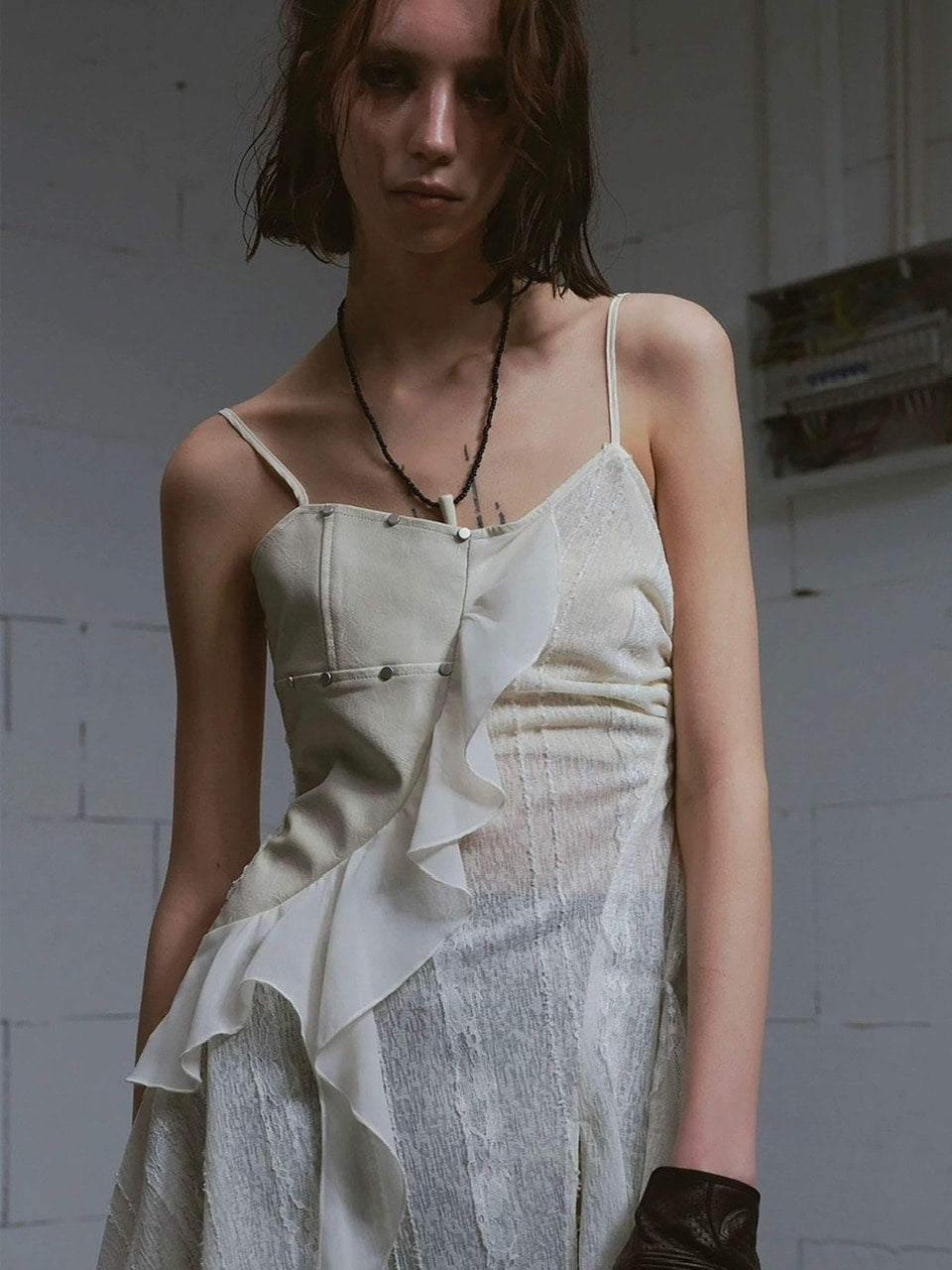 【Cest Nous】Leather lace camisole dress / 【セヌー】レザーレースシアーキャミワンピース