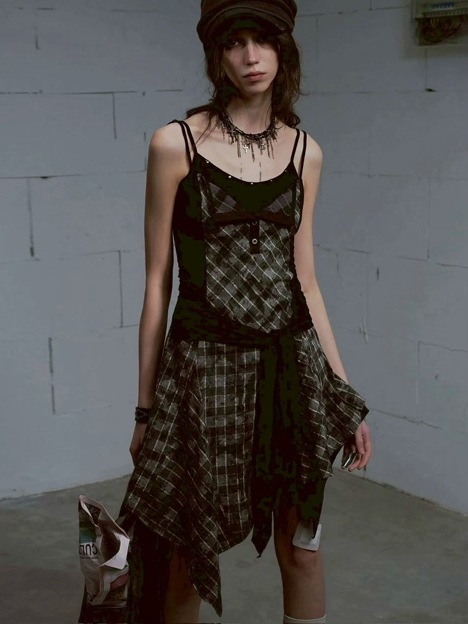 【Cest Nous】Plaid tie-strap camisole dress / 【セヌー】プリーツグレンチェックストラップキャミワンピース