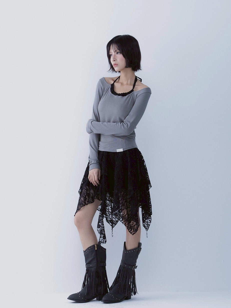 【SETSETSET】LACE HALTERNECK TEE