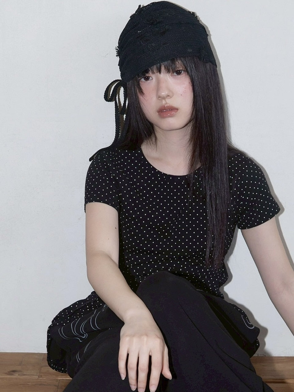 【FANCY CLUB】Lace Ribbon Shirring Beanie / 【ファンシークラブ】レースリボンシャーリングニット帽子