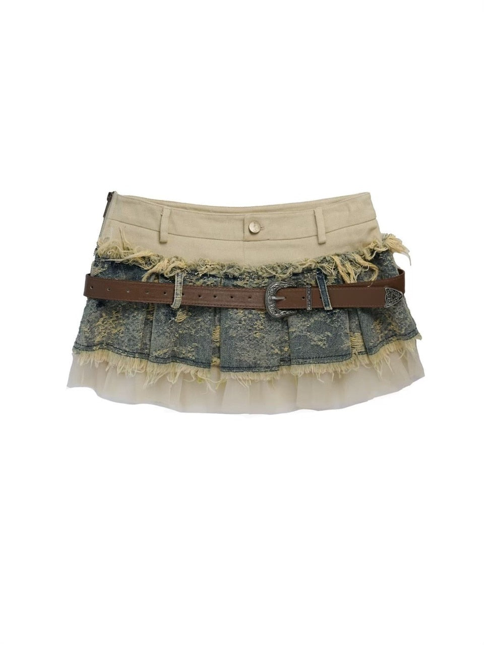 【Cest Nous】Belted Denim Pleated Skirt
