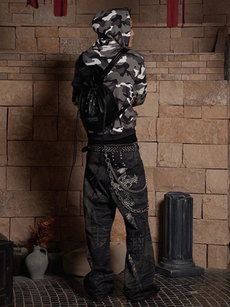 【DND4DES】LEATHER CROSS SPLICING PRINTED JEANS