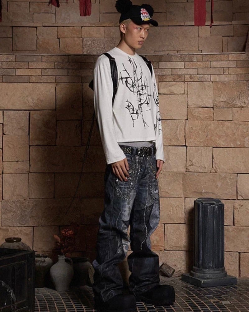 【DND4DES】CHAIN LACE PATCHWORK FLARED JEANS