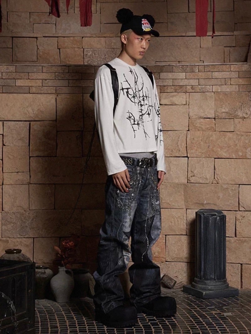 【DND4DES】CHAIN LACE PATCHWORK FLARED JEANS