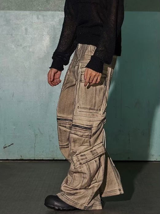 【DND4DES】DISTRESSED DRAWSTRING ADJUSTABLE ZIPPER CARGO PANTS