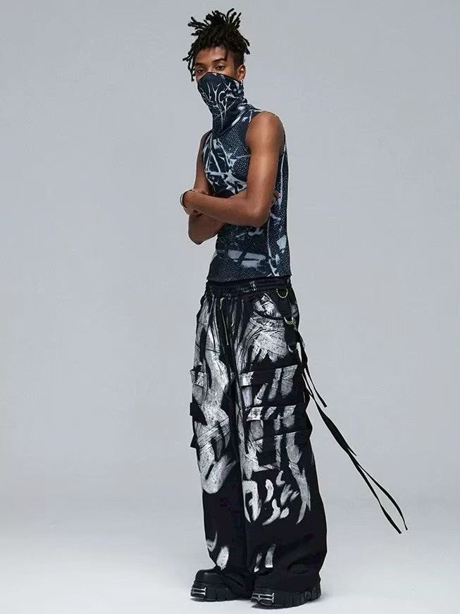 【DND4DES】 MULTI-LAYERED STRIPED GRAFFITI CARGO PANTS