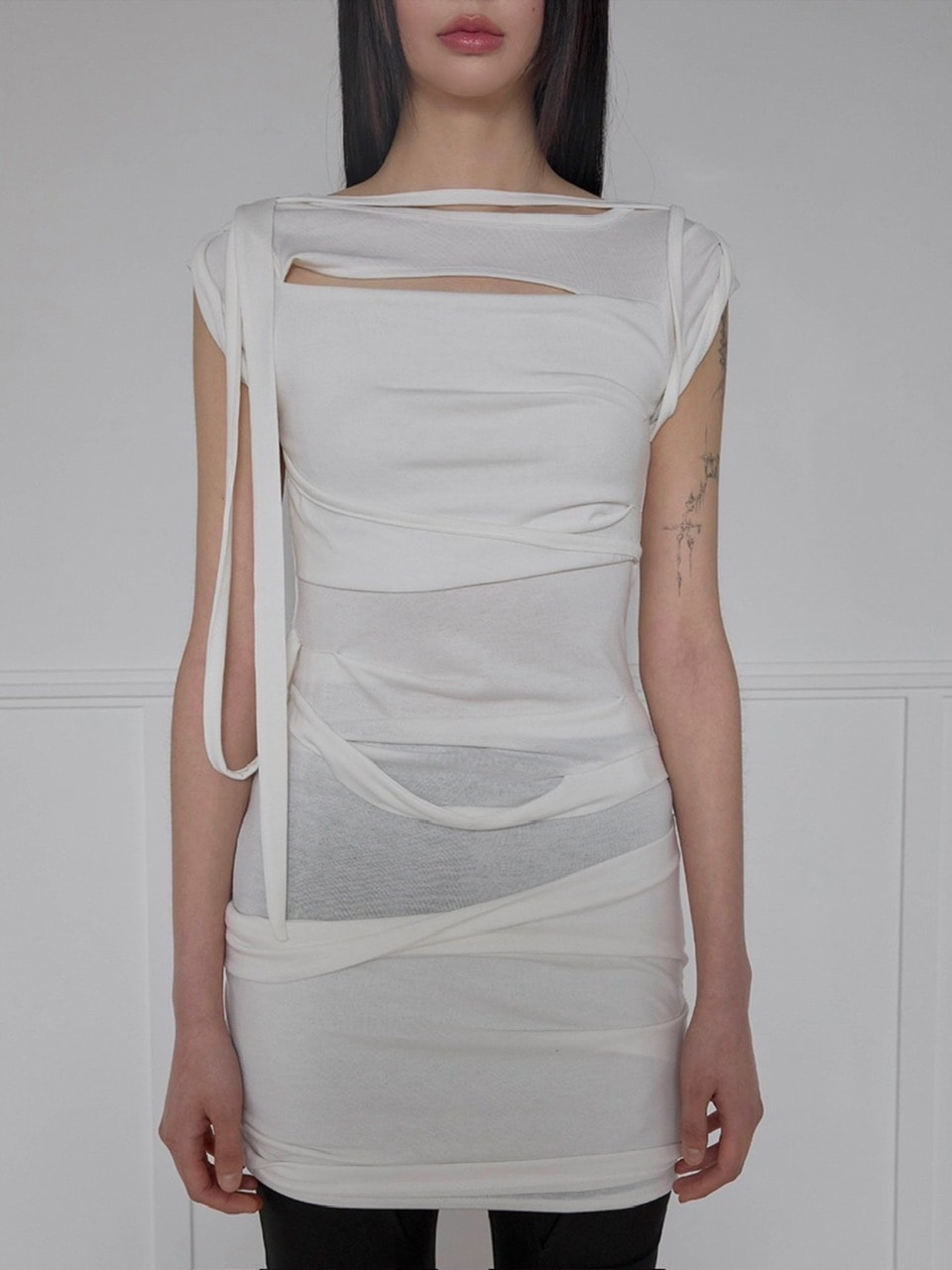 【FLAREUP】Asymmetrical Draped Strap Roll-Up Dress