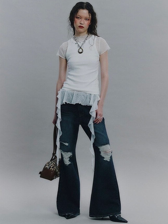 【NOT KNOWING】Dot Mesh Ruffle Top / 【ノットノーイング】ドットメッシュラッフル半袖Tシャツ