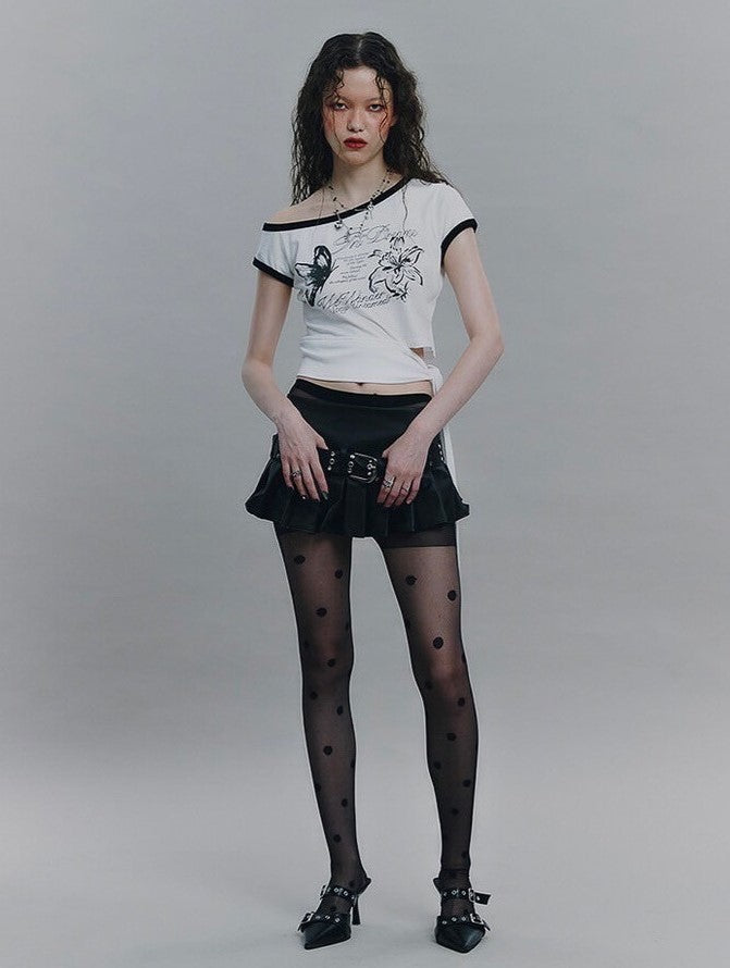 【NOT KNOWING】Tied One Off Shoulder Ringer Top / 【ノットノーイング】タイドワンオフショルダーリンガー半袖Tシャツ