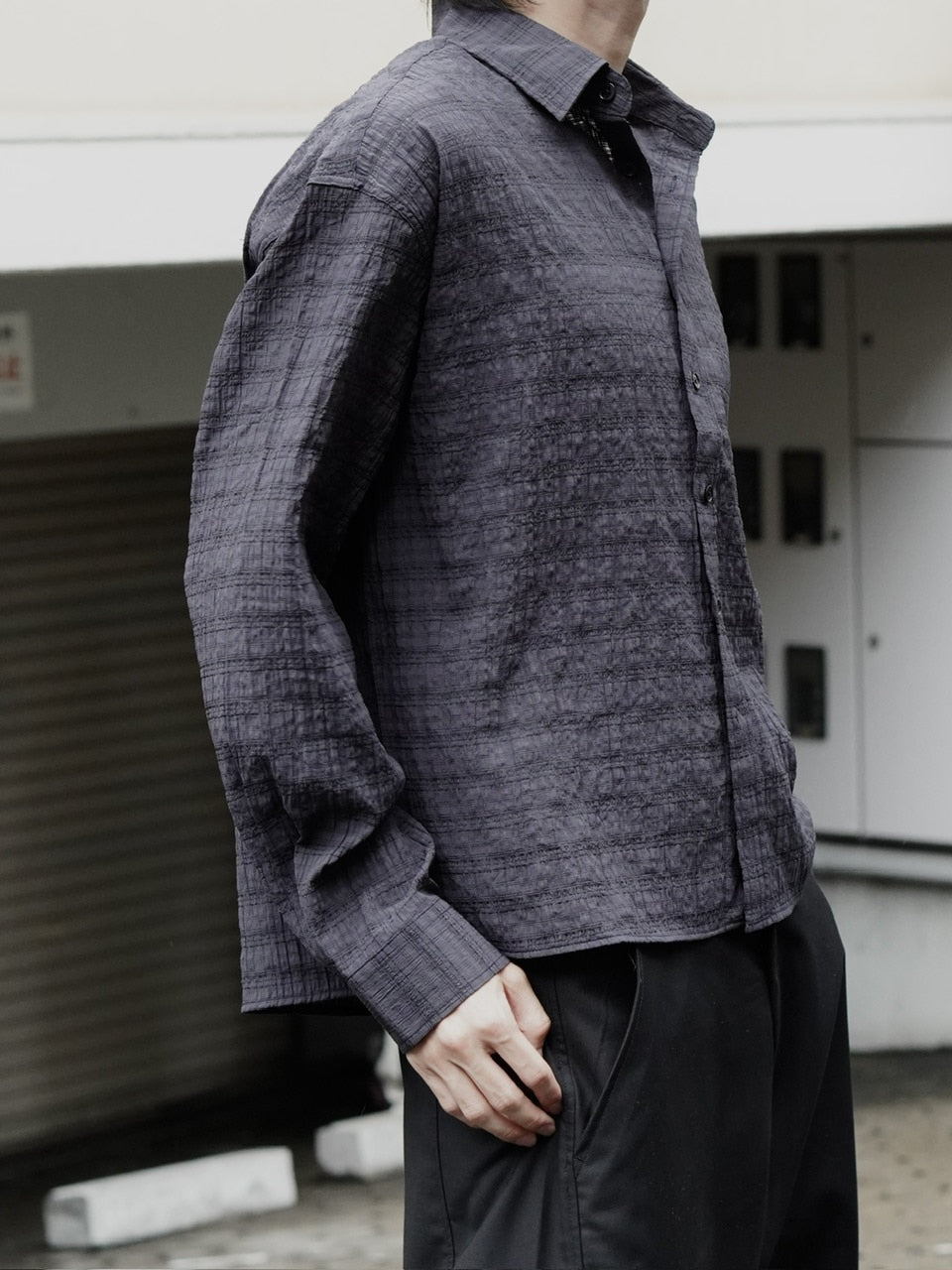 東京店WEB限定受注制【Chikashitsu +】cropped check sheer shirt