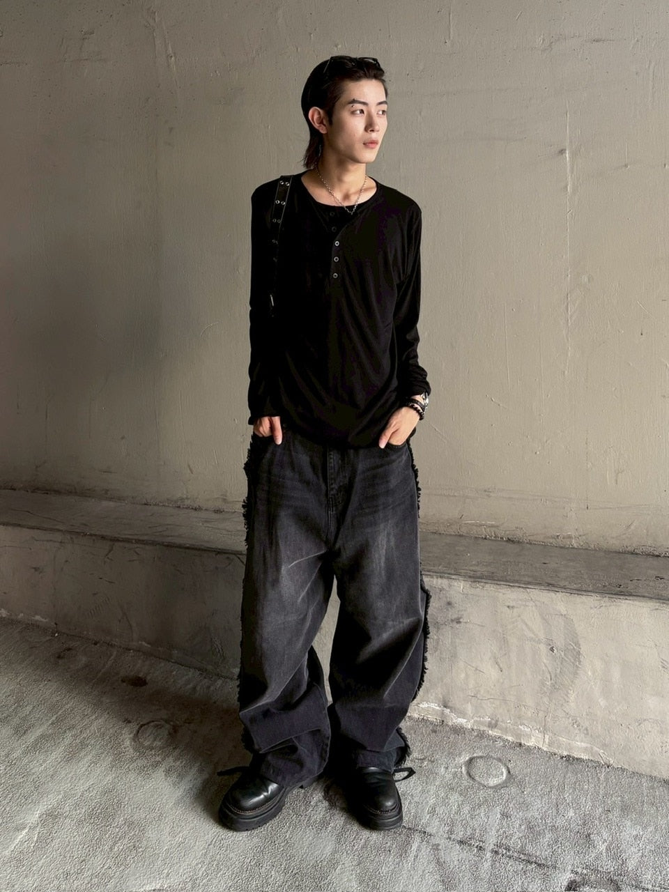 大阪店WEB限定受注制【Chikashitsu +】 fringe wide denim pants / 【チカシツプラス】フリンジワイドデニムパンツ