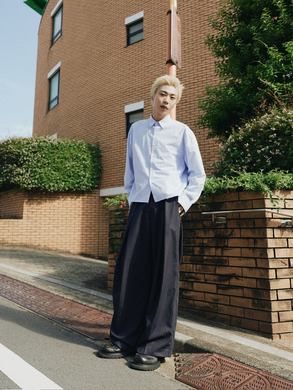 【CS】stripe cross tuck drape slacks (navy)