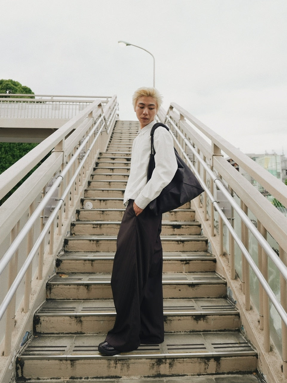【CS】stripe cross tuck drape slacks (brown)