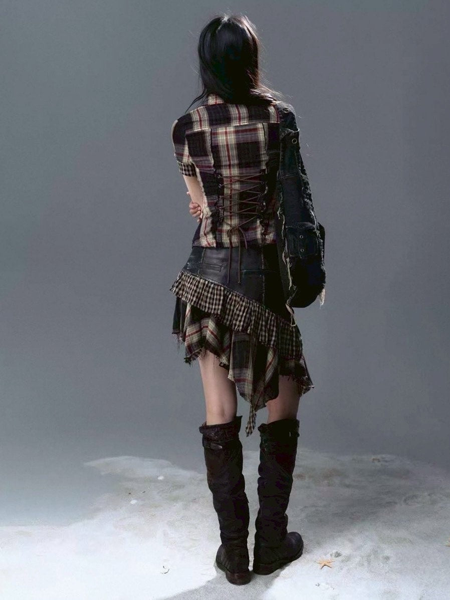 【Cest Nous】Plaid Leather Skirt / 【セヌー】ダブルベルトチェックフリルミニスカート