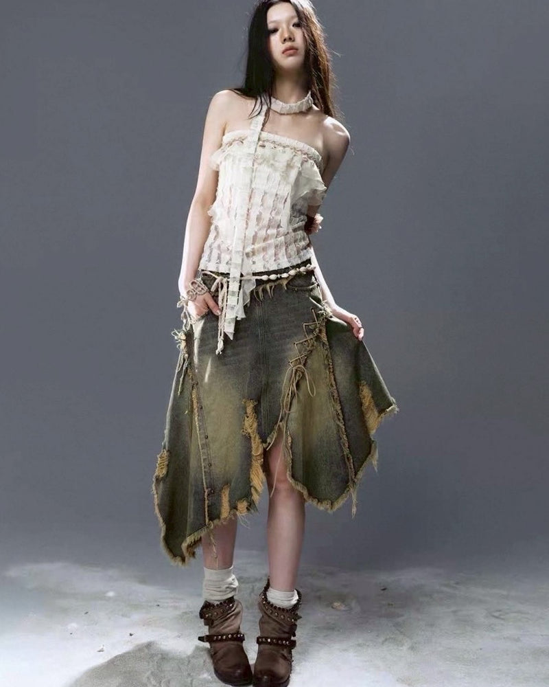 【Cest Nous】Distressed Hem Denim Skirt / 【セヌー】ダメージアシンメトリーデニムスカート