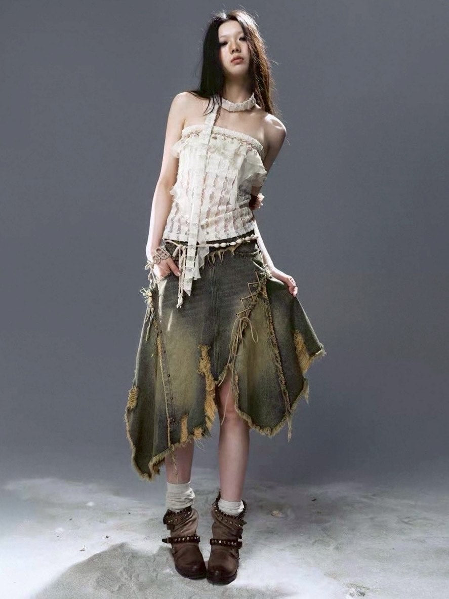 【Cest Nous】Distressed Hem Denim Skirt / 【セヌー】ダメージアシンメトリーデニムスカート