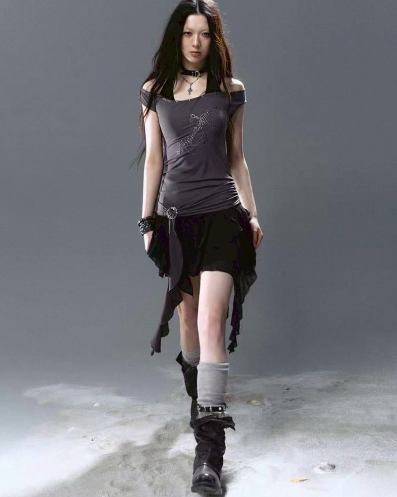 【Cest Nous】Gray Studded Dress / 【セヌー】レイヤードフリルスカートワンピース