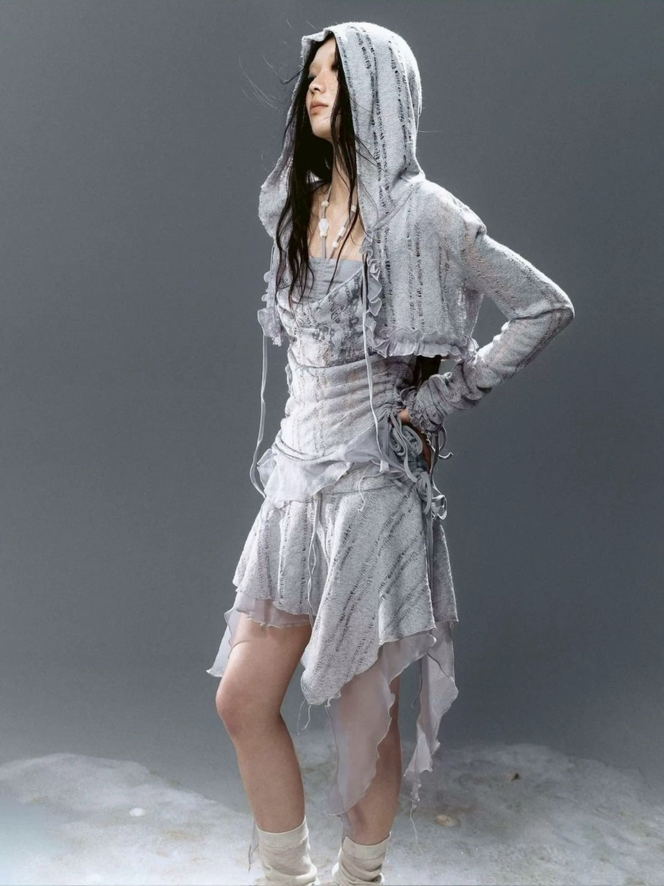 【Cest Nous】Misty Blue Cardigan / 【セヌー】フードフリルシースルーカーディガン