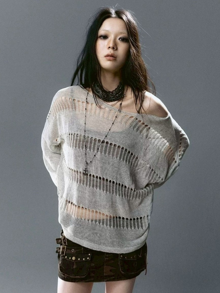 【Cest Nous】Knit Cover-Up / 【セヌー】シースルーボーダーサマーニット長袖Tシャツ