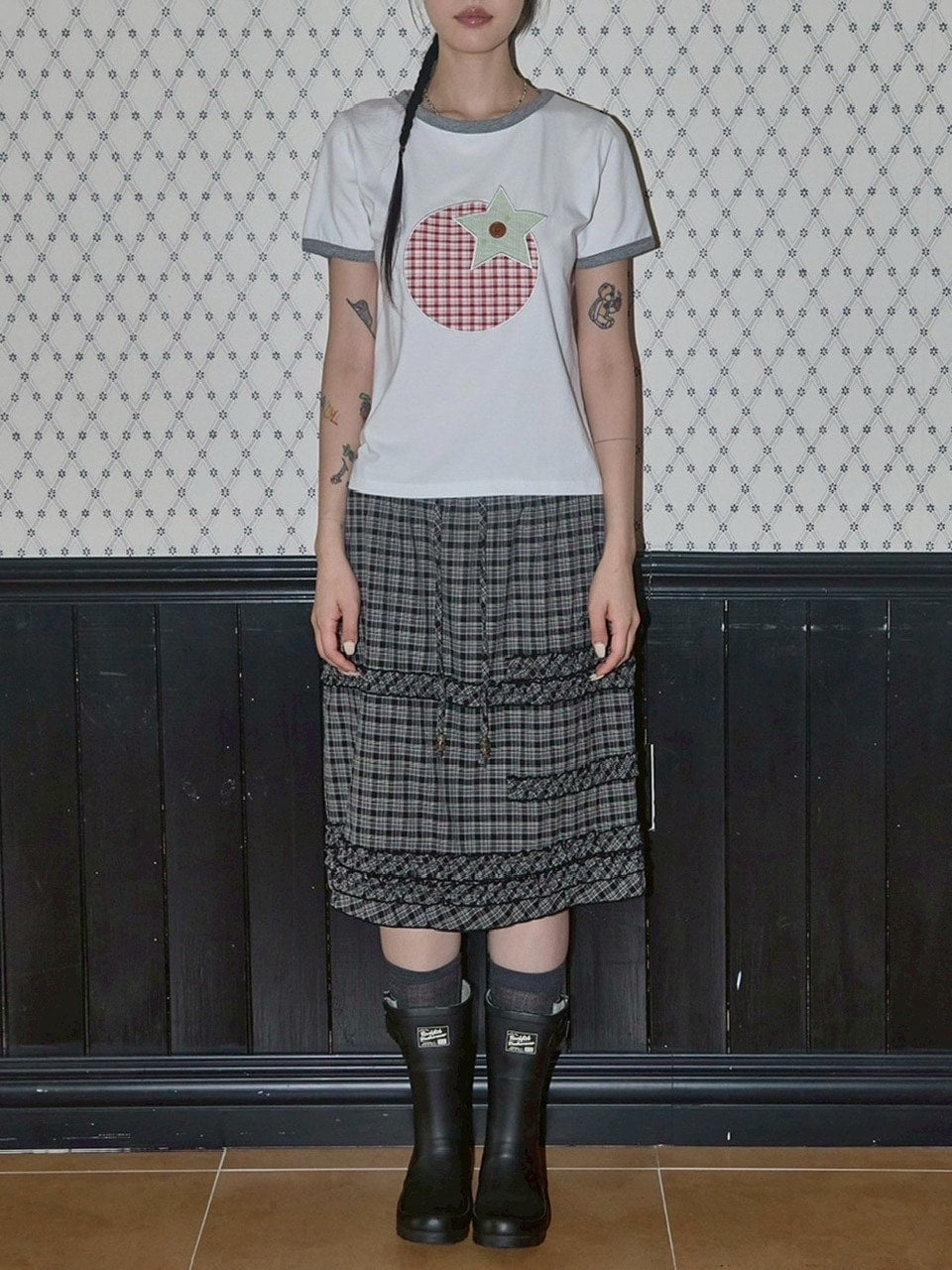 【FANCY CLUB】SHUSHU FRILL CHECK MIDI SKIRT / 【ファンシークラブ】シュシュフリルチェックミディスカート
