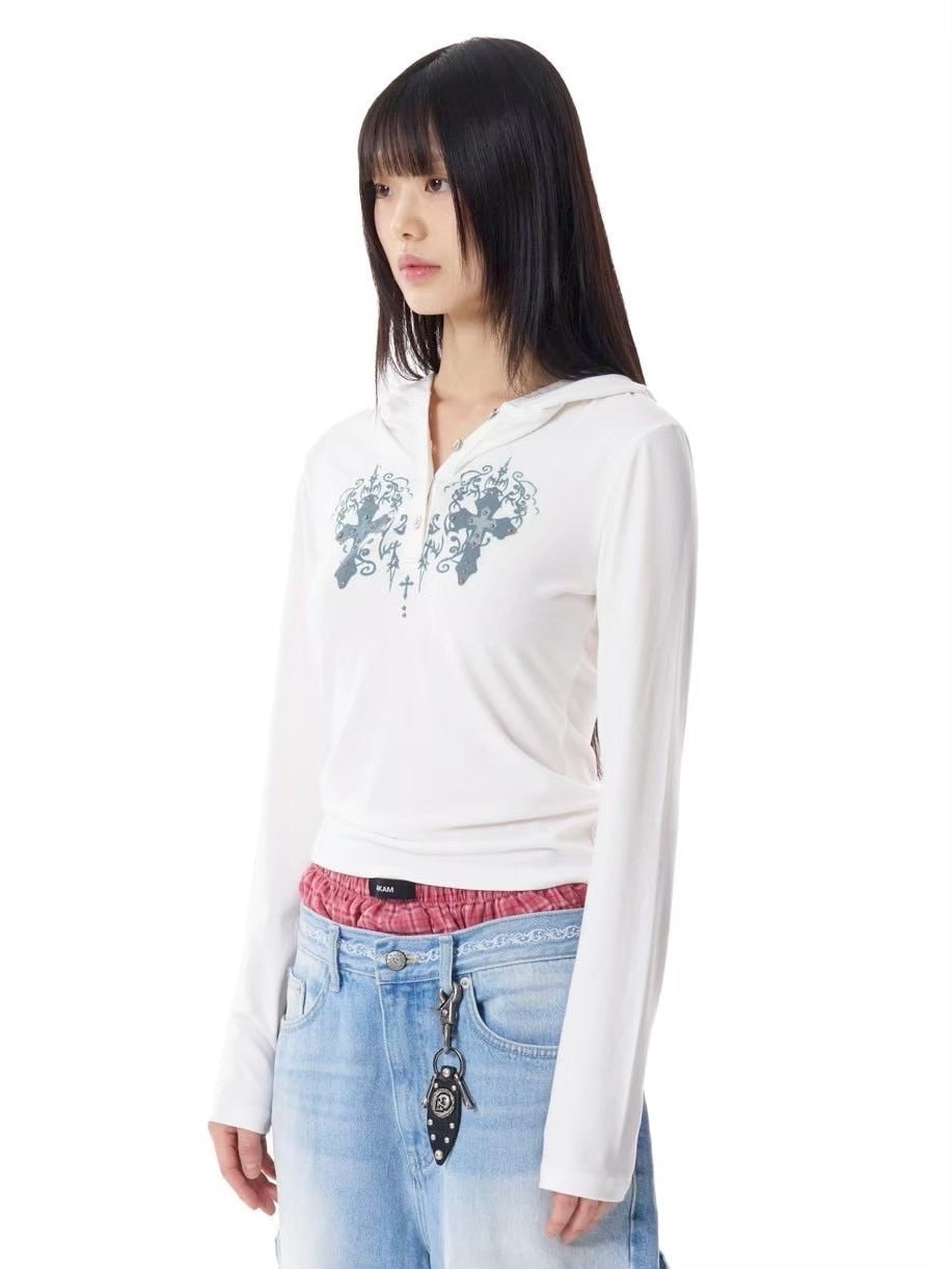 【AAKAM】Studded CROS2 Hooded Long Sleeve