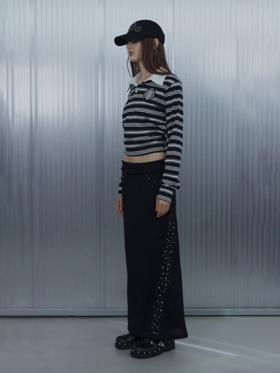 【SETUP‐EXE】STRIPE WAPPEN POLO TOP / 【セットアップエグゼ】ストライプワッペン長袖ポロシャツ