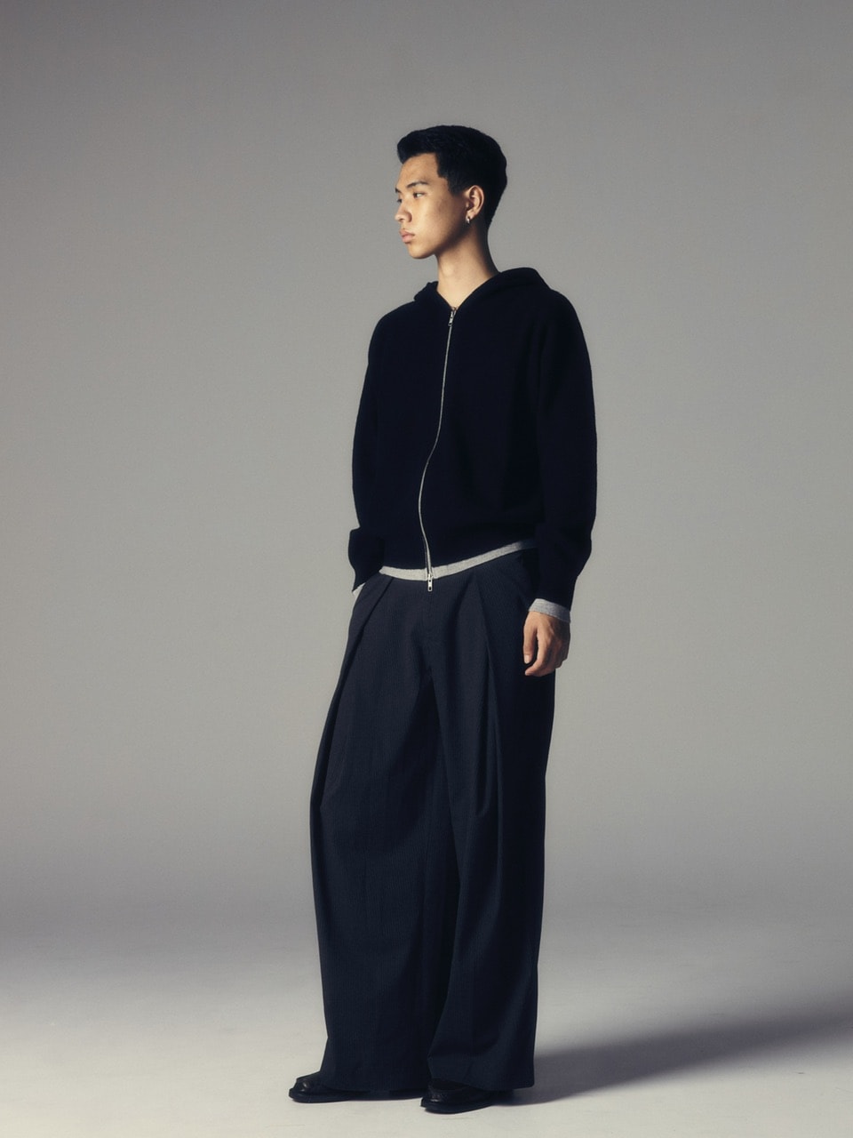 【CS】layered knit zip hoodie (black) / 【シーエス】レイヤードニットジップフーディー