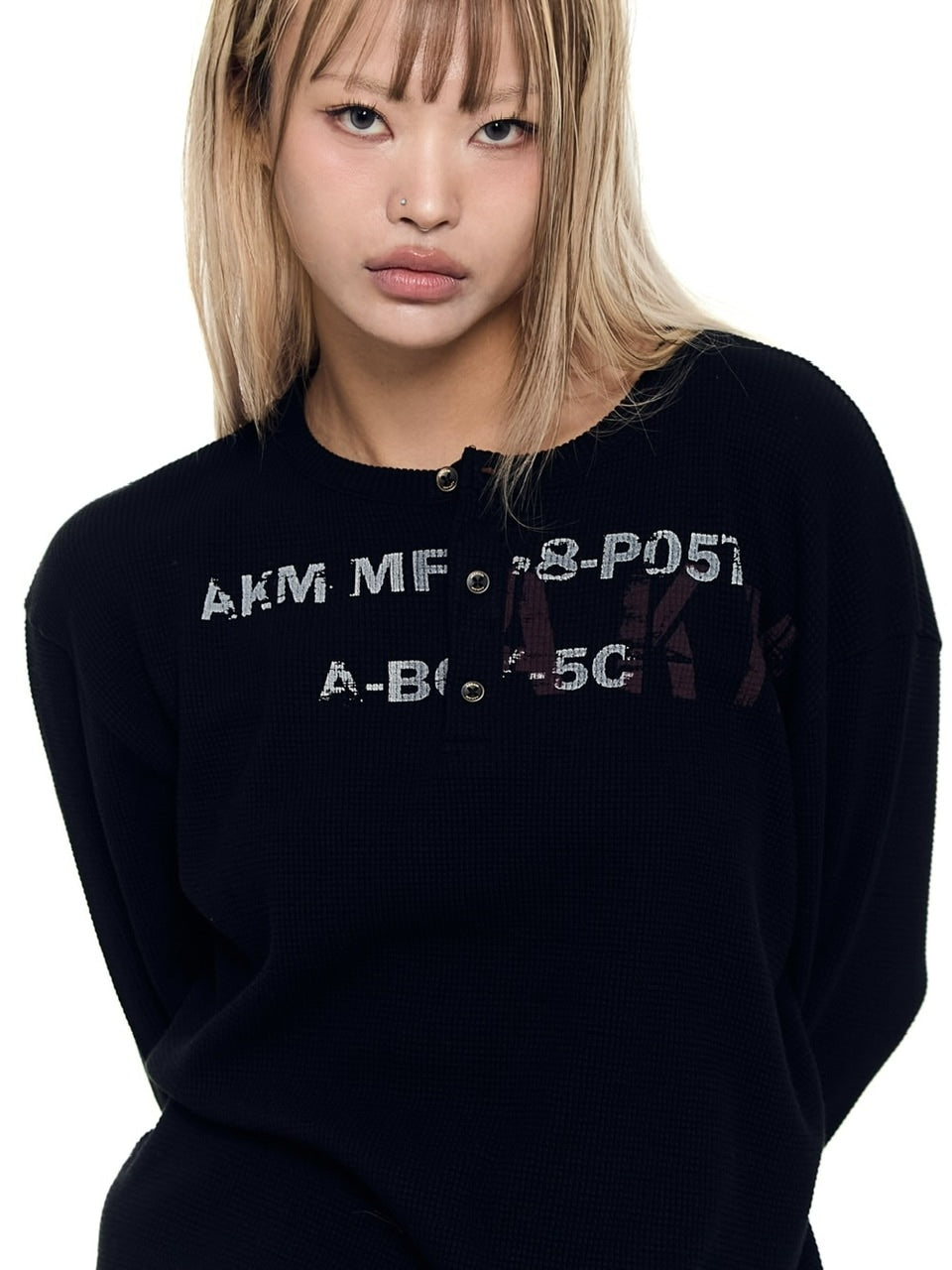 【AAKAM】Waffle Henry Neck Long Sleeve